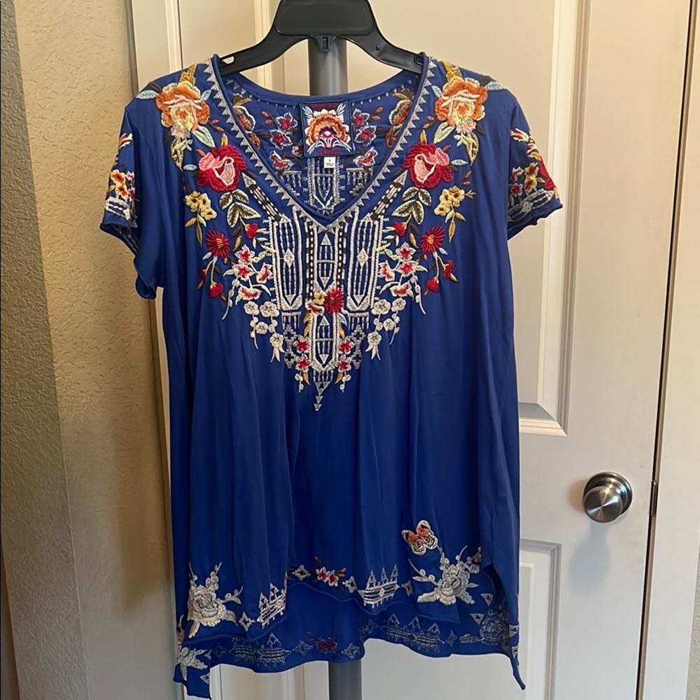 Johnny Was Embroidered Blue Top